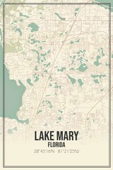 Retro US city map of Lake Mary, Florida. Vintage street map.
