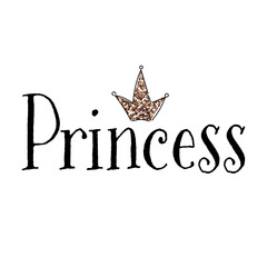 Cute inscription Princess text with crown. Little princess t-shirt print. Childish design for apparel, nursery, cards, posters. Vector Illustration