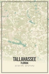 Retro US city map of Tallahassee, Florida. Vintage street map.