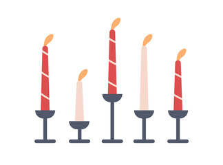 Tall cylinder candles on candlesticks. Thin wax pillars with lit fire flame on holders set. Christmas light decoration. Festive candlelight. Flat vector illustrations isolated on white background