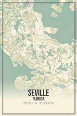 Retro US city map of Seville, Florida. Vintage street map.