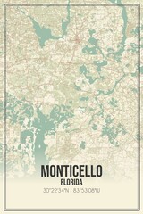 Retro US city map of Monticello, Florida. Vintage street map.