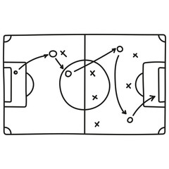 Football field with tactics scheme and game strategy arrows. Vector background with soccer pitch. Hand drawn playbook.