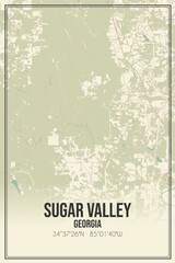 Retro US city map of Sugar Valley, Georgia. Vintage street map.