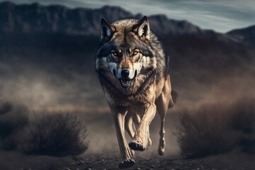 gray wolf portrait, running predator in the night, wild hunter