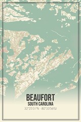 Retro US city map of Beaufort, South Carolina. Vintage street map.
