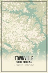 Retro US city map of Townville, South Carolina. Vintage street map.
