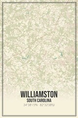 Retro US city map of Williamston, South Carolina. Vintage street map.