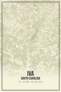 Retro US city map of Iva, South Carolina. Vintage street map.