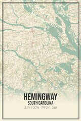 Retro US city map of Hemingway, South Carolina. Vintage street map.