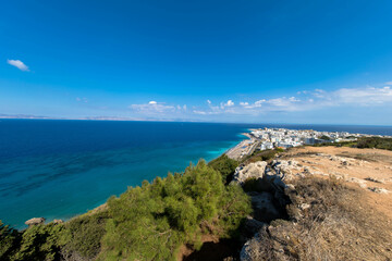 Aerial view  of Rhodes city island with skycrapers and the famous Elli Beach. Panorama with nice sand, lagoon and clear blue water. Famous tourist destination in South Europe. Rhodes Island, Greece.