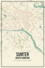 Retro US city map of Sumter, South Carolina. Vintage street map.