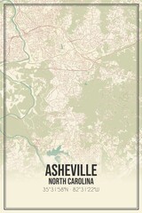 Retro US city map of Asheville, North Carolina. Vintage street map.