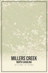 Retro US city map of Millers Creek, North Carolina. Vintage street map.
