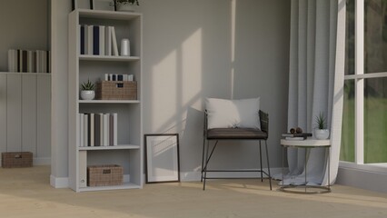 Minimal Scandinavian bright home living room with stylish armchair, side table, shelf with decor
