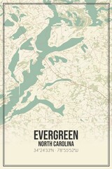 Retro US city map of Evergreen, North Carolina. Vintage street map.