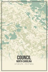 Retro US city map of Council, North Carolina. Vintage street map.