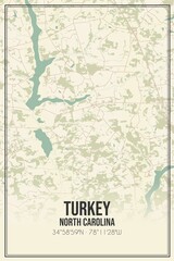 Retro US city map of Turkey, North Carolina. Vintage street map.