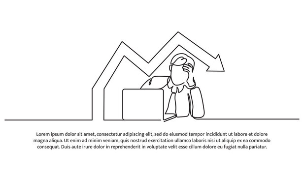 Simple continuous line design of stressed young businessman. Decrease in business profits, work pressure. Decorative elements drawn on a white background.
