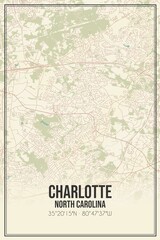 Retro US city map of Charlotte, North Carolina. Vintage street map.