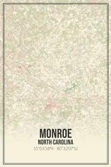 Retro US city map of Monroe, North Carolina. Vintage street map.