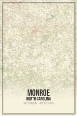 Retro US city map of Monroe, North Carolina. Vintage street map.