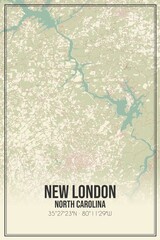 Retro US city map of New London, North Carolina. Vintage street map.