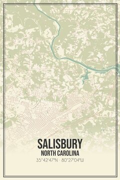 Retro US City Map Of Salisbury, North Carolina. Vintage Street Map.