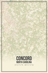 Retro US city map of Concord, North Carolina. Vintage street map.