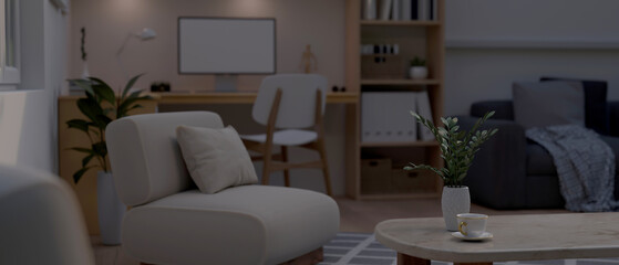 Cozy and minimal living room at night with comfortable sofa, coffee table, computer desk