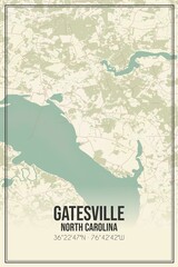 Retro US city map of Gatesville, North Carolina. Vintage street map.