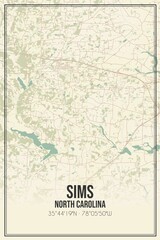 Retro US city map of Sims, North Carolina. Vintage street map.