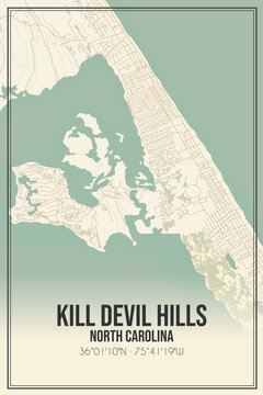 Retro US city map of Kill Devil Hills, North Carolina. Vintage street map.