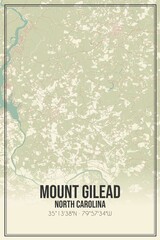 Retro US city map of Mount Gilead, North Carolina. Vintage street map.