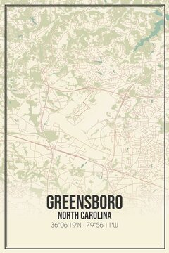 Retro US City Map Of Greensboro, North Carolina. Vintage Street Map.