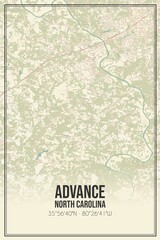 Retro US city map of Advance, North Carolina. Vintage street map.