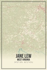 Retro US city map of Jane Lew, West Virginia. Vintage street map.