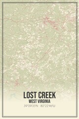 Retro US city map of Lost Creek, West Virginia. Vintage street map.
