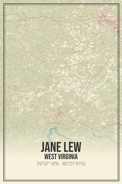 Retro US City Map Of Jane Lew, West Virginia. Vintage Street Map.