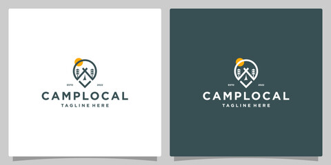 Obraz premium Camping logo design template with location design vector illustration. icon, symbol, creative.