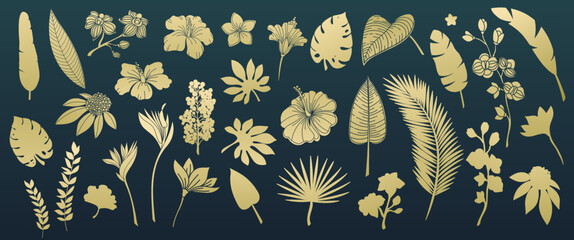 Gold flowers and leaves, cutout glyph set vector illustration. Golden silhouettes of luxury tropical blossom and leaf of exotic plant, elegant decoration for bouquet and gold floral collection © Victoria Sergeeva