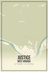 Retro US city map of Justice, West Virginia. Vintage street map.
