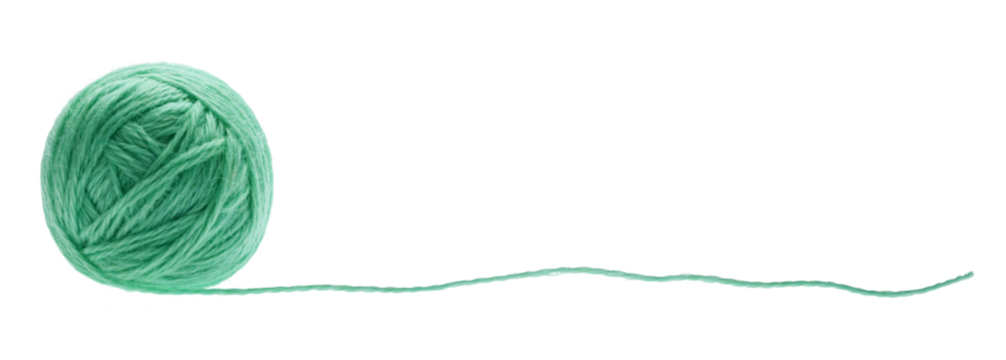 A ball of green woolen threads, isolated on a white background. Side view.