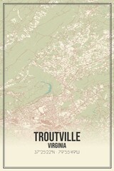 Retro US city map of Troutville, Virginia. Vintage street map.