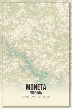 Retro US city map of Moneta, Virginia. Vintage street map.