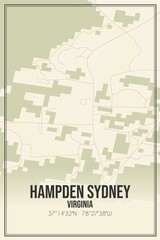 Retro US city map of Hampden Sydney, Virginia. Vintage street map.