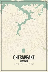 Retro US city map of Chesapeake, Virginia. Vintage street map.