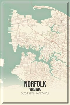 Retro US city map of Norfolk, Virginia. Vintage street map.