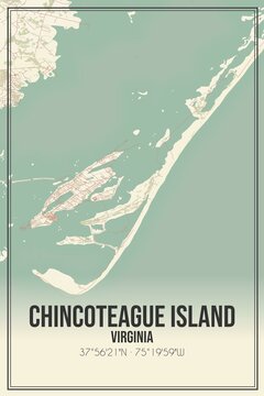 Retro US City Map Of Chincoteague Island, Virginia. Vintage Street Map.