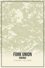 Retro US city map of Fork Union, Virginia. Vintage street map.